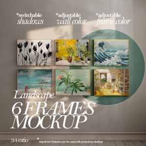 May include: A mockup of six landscape-oriented picture frames with different artwork, including a black and white floral print, a yellow lemon tree, a blue wave, a beach scene, a tropical plant, and a room with plants. The frames are on a light gray wall with a wooden floor. The text "Landscape 6 FRAMES MOCKUP" is below the frames. The text "3:4 ratio" is at the bottom left corner. The text "adjustment features can be used with photoshop desktop" is at the bottom right corner.