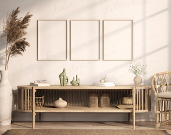 3 Frame Mockup, Wood Frame Artwork Mock ups, interior Mockup Frame, Living Room Mockup, Print Gallery Mockup, Soft Light Display, PSD JPG