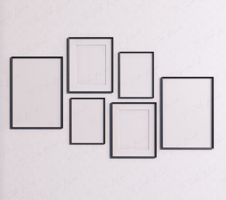 6 frame Wall Mockup, Black Frames mockup, Minimalistic Mock Up, Art Print gallery Set mockup, White minimal mockup, digital Modern six frame