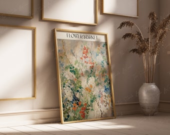 May include: A framed print of a floral painting with a white background and colorful flowers. The title of the painting is "FLOWER MARKET I".