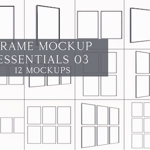 Könnte beinhalten: Zwölf schwarze Bilderrahmen in verschiedenen Anordnungen. Die Rahmen sind leer und bereit für Ihre Fotos oder Kunstwerke. FRAME MOCKUP ESSENTIALS 03 12 MOCKUPS