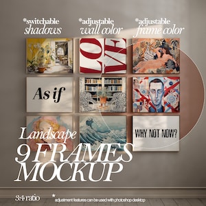 May include: A mockup of nine frames with various artwork, including a landscape, a portrait, and abstract designs. The frames are arranged in a grid pattern on a light beige wall. The text "Landscape 9 Frames Mockup" is displayed below the frames. The text "3:4 ratio" is displayed in the bottom left corner. The text "adjustment features can be used with photoshop desktop" is displayed in the bottom right corner.