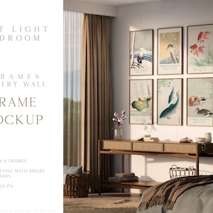 6 Bilderrahmen Galerie Wand Mockup, Schlafzimmer Interieur Mockup, Minimal Print Wand MockUp, Kunstdruck Galerie Mockup, Boho Kunst Display, sechs Bilderrahmen