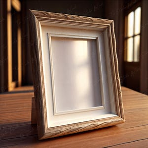 May include: A rustic wooden picture frame with a white mat and a blank white space inside. The frame is sitting on a wooden table.