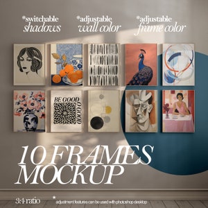 Op de afbeelding: Mockup van tien frames met verschillende kunstwerken, waaronder een vrouwenportret, een pauw en abstracte ontwerpen. De frames zijn in kleur aanpasbaar en hebben schaduwen die kunnen worden in- en uitgeschakeld. De tekst "10 FRAMES MOCKUP" wordt onder de frames weergegeven.