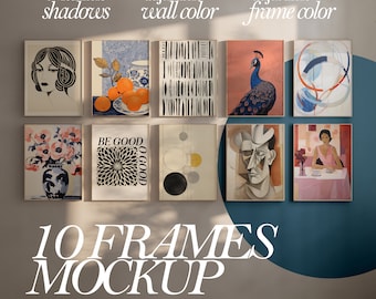 10 Frames Gallery Wall Mockup, Gallery Set Frame Mockup, Modern Set of 10 Mock-Up, Art Print Mockup, Sun Light Shadow Moder Art Print Wall