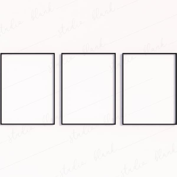 Maquette de 3 cadres noirs, cadres minces, maquette simple minimale, maquette d'impression d'art, cadres minimalistes modernes, intérieur blanc, cadre vertical PSD