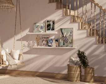 Makieta ścienna galerii, makiet wnętrza 5 ramek, makietowa ściana rustykalna galerii, makietowy zestaw wydruków artystycznych boho, makietowe ramki w kolorach drewna, bieli i czerni