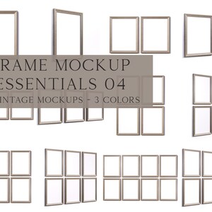 May include: A set of 14 vintage picture frames in various sizes and arrangements. The frames are a light gold color and have a simple, elegant design.  FRAME MOCKUP ESSENTIALS 04 14 VINTAGE MOCKUPS - 3 COLORS
