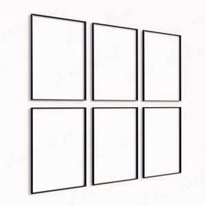 6 Black Frames Mockup, Side View Six Frames Mock Up, Art Print mockup, Minimalistic Modern Frame Mockup, White Interior, Set of 6 Mockup PSD
