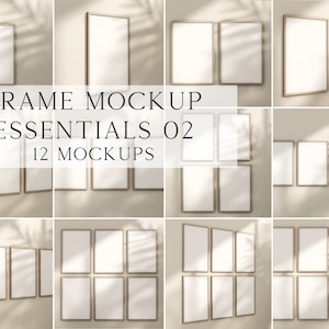 May include: Twelve mockups of a simple, rectangular, gold-toned frame with a white background. The frames are arranged in various configurations on a beige wall with shadows cast from a window.