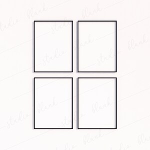 May include: Four black picture frames are arranged in a grid pattern on a white background. The frames are all the same size and have a simple, modern design.