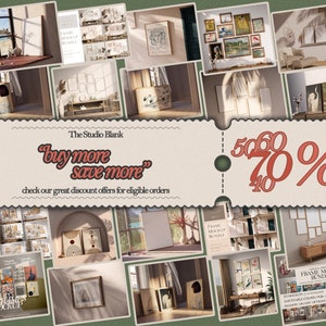 May include: A collage of images showcasing various framed artwork mockups. The images feature different styles of frames, artwork, and room settings. The text "buy more save more" and "check our great discount offers for eligible orders" is displayed on a ticket-shaped banner. The numbers 50, 60, 70, and 40 are displayed in red on the banner.