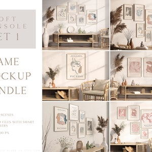 May include: Six mockups of framed artwork in various styles and colors, including abstract line drawings and colorful shapes. The frames are displayed on a console table, a shelf, and a wooden stand. The artwork is set against a neutral background.