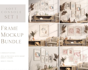 Pacchetto mockup cornice, mockup di stampa artistica, mockup di pareti della galleria, mockup moderni e semplici, mockup minimali, luce naturale, toni tenui, Beige Boho