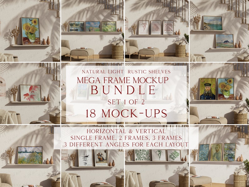May include: A set of 18 rustic wooden shelves with various sized frames, showcasing artwork and paintings. The shelves are arranged in a staggered pattern against a light beige wall, with natural light filtering through the window. The text "NATURAL LIGHT RUSTIC SHELVES MEGA FRAME MOCKUP BUNDLE SET 1 OF 2 18 MOCK-UPS HORIZONTAL & VERTICAL SINGLE FRAME, 2 FRAMES, 3 FRAMES 3 DIFFERENT ANGLES FOR EACH LAYOUT" is displayed on the image.