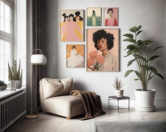 May include: Five framed art prints featuring women and flowers. The prints are in a modern style with a minimalist aesthetic. The prints are hung on a white wall in a living room setting.