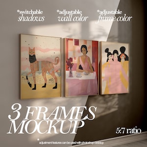 3 Frames Mockup, Editable Color Art Print Mock up, iso din 5x7 Ratio Mockup, Neutral Light Shadow Mockup, Gallery Wall Set of 3 Mockup Psd