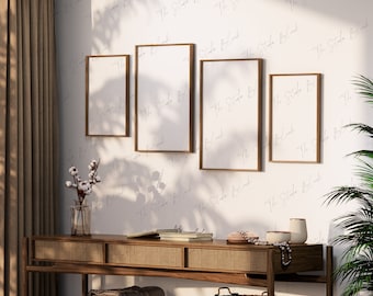 4 Frames Gallery Wall Art Mock up, Print Art Mockup, Gallery Art Set MockUp, Sun Light Modern Mockup, Set of 4 Frame Mock-up, Neutral tones