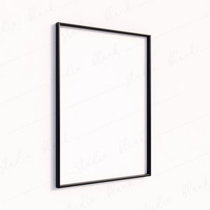 Maquette cadre noir, cadre noir fin, maquette simple minimale, maquette impression d'art, mur blanc minimaliste moderne naturel, cadre pour affiche vertical