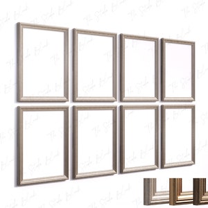 May include: Eight silver picture frames with a white background. The frames are arranged in two rows of four.