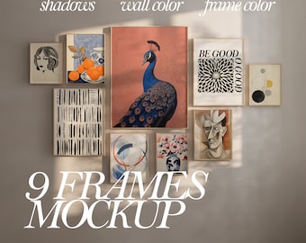 Gallery Wall Mockup, Modern 9 Frames Mockup, Set of 9 Print Wall Art Mock Up, Natural Sun Light Mockup, Adjustable Mock up, Essential Mockup