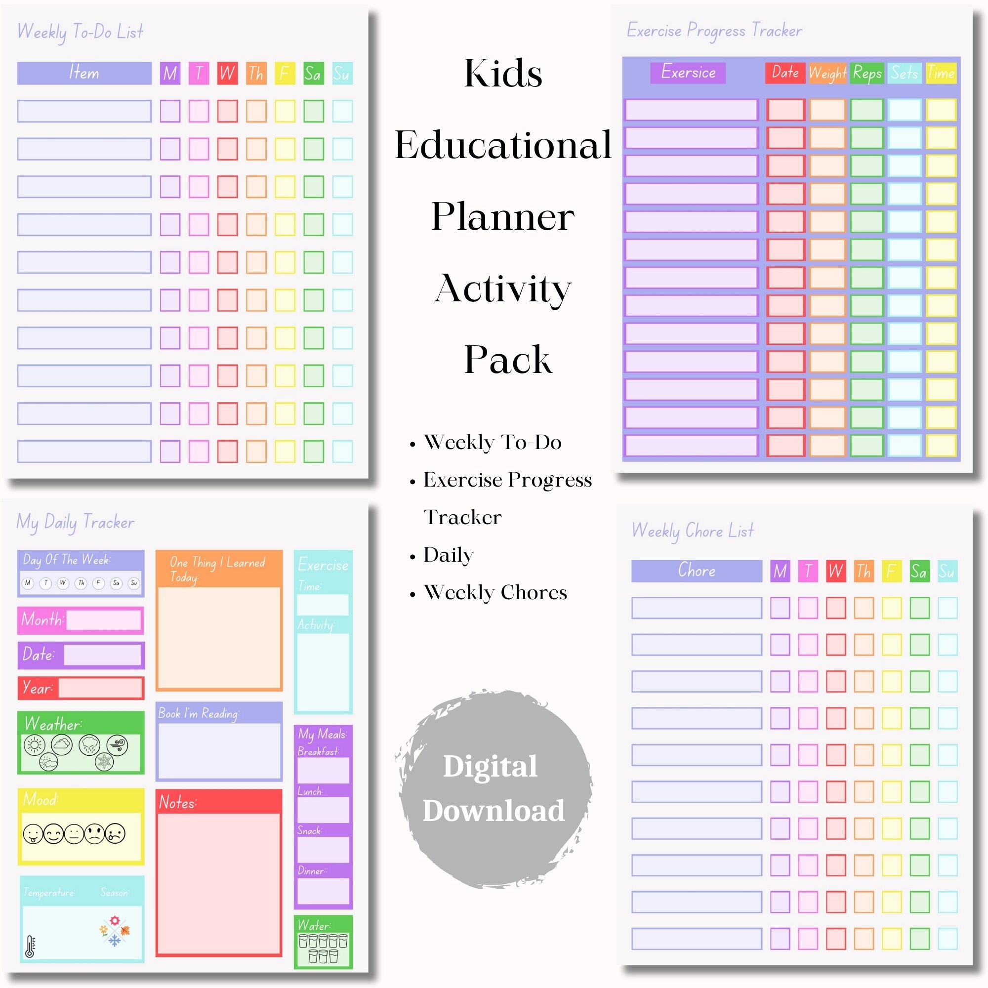 Printable Planner for Kids | Educational Activity Set | Trackers and ...