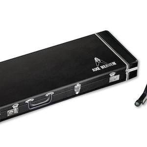 May include: Black guitar case with the text "Axe Heaven" on the top. A black guitar stand is also pictured.