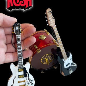 RUSH Set of 3 Ornaments 3.5” Rush Neil Peart Starman Mini Bass Drum Ornament, 6&quot; Geddy Lee Tour Bass, &  6&quot; Alex Lifeson Alpine White ES-355