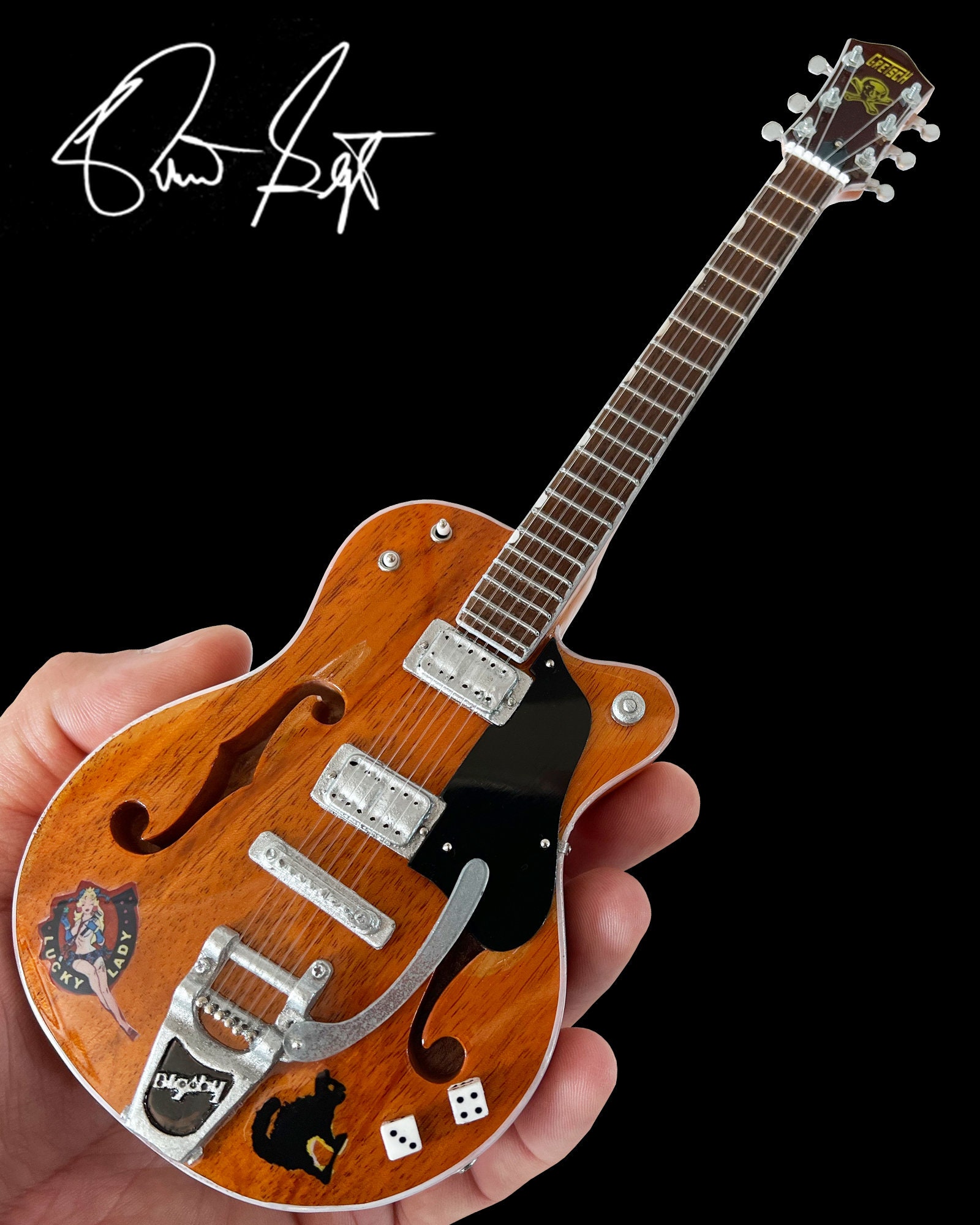 Stray Cats Collectible Brian Setzer Orange Dice Mini Guitar Aged