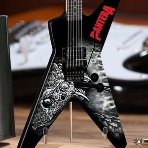 May include: A black electric guitar with a snake graphic and the word "PANTERA" in red lettering. The guitar is on a stand and has a black finish.