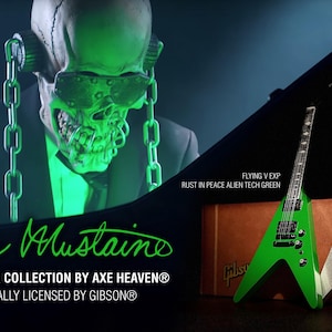 Dave Mustaine Gibson Flying V - SET Of 2 Mini Guitars! Rust in Peace Alien Tech Green & Silver Metallic Official Gibson® by AXE HEAVEN