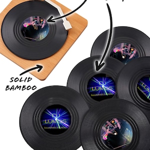 Personalized Coaster Set of 6 with Bamboo Record Player - 4.25&quot; Vinyl Record Coasters with Anti-Skid Bottom