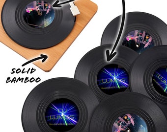 Personalized Coaster Set of 6 with Bamboo Record Player - 4.25&quot; Vinyl Record Coasters with Anti-Skid Bottom