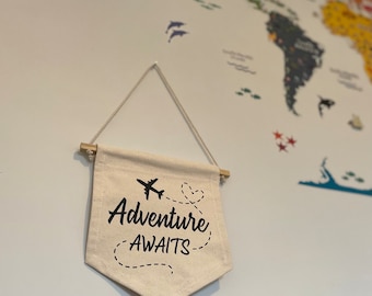 Adventure Awaits Banner / Nursery Children's Room Wall Hanging / Canvas Banner / Tassels / Airplane Room Decor