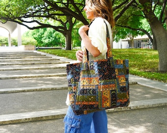 Quilted Patchwork Cotton Reversible XL Tote Bag, Beach Bag, Weekender