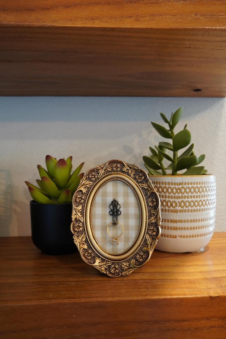 May include: An oval, gold-colored picture frame with a decorative border, holding a ring. The frame has a checkered background. Two potted plants sit on either side of the frame, one in a black pot and the other in a white pot.