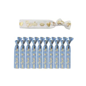 May include: Set of 11 blue and white elastic hair ties with gold foil lettering that says "Bride" and other bridal-themed designs.