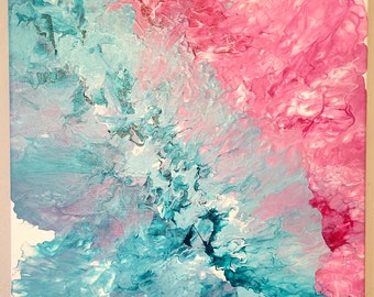 Teal and Pink acrylic pour painting