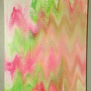 May include: Abstract canvas art with a wavy pattern in shades of pink, green, and beige. The artwork features a textured, fluid design, creating a dynamic and colorful visual effect. The painting is mounted on a white canvas.