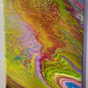 May include: Abstract painting on canvas with swirling patterns in shades of green, yellow, purple, red, and blue.