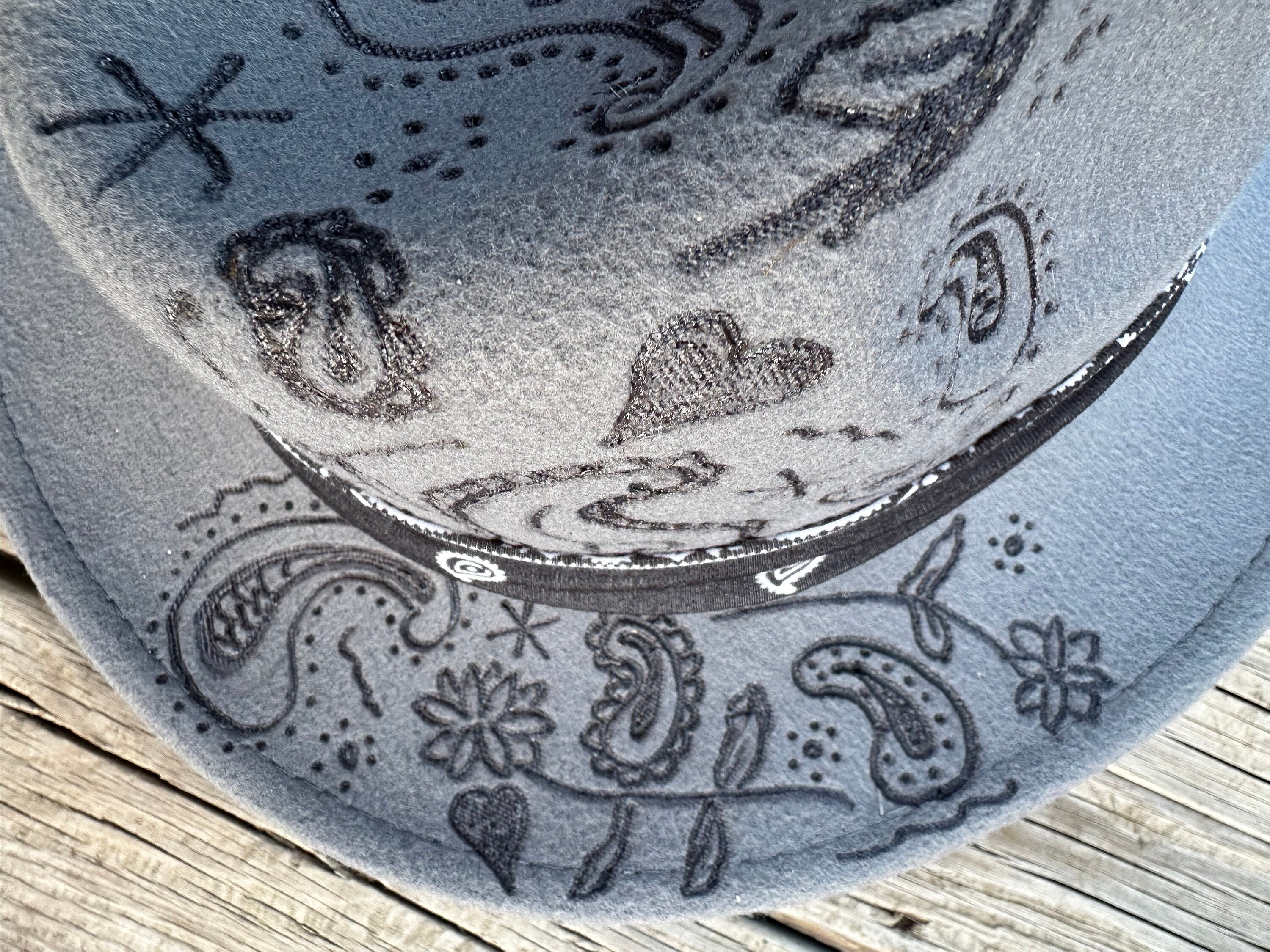 Hand Burned And Colored Gray Wool Fedora Hat Hand Burned Fedora With Leather Stitching | Floral Wide Brim  main image 3