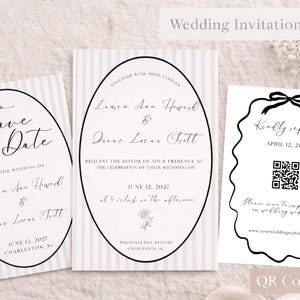 Puede incluir: Conjunto de invitaciones de boda con tres tarjetas. Una dice "Save the Date", otra tiene detalles de la boda y la tercera incluye un código QR para RSVP. Las tarjetas tienen un fondo a rayas y una escritura elegante.