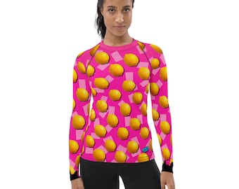 Women's UPF 50+ Lemon Print Rash Guard, Fitted Long Sleeve