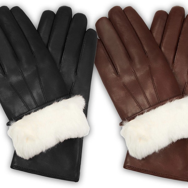 Gants d'hiver en cuir de mouton véritable noirs avec fourrure blanche - Gants en cuir pour tenue de soirée - Gants de ville courts en cuir de style classique -