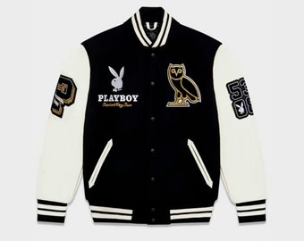 Varsity Jacket - Playboy Black and white Letterman Varsity Jacket - Baseball Varsity Jacket Men - Wool Body & Real Leather Sleeves Jacket