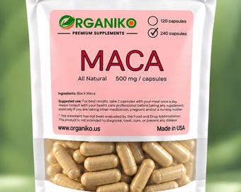 Könnte beinhalten: Ein weißer Standbeutel mit Organiko Premium Supplements Maca-Kapseln. Das Etikett zeigt den Text Maca, 500 mg pro Kapsel und 240 Kapseln. Ein Sichtfenster am unteren Rand zeigt hellbraune Kapseln. Der Beutel enthält Angaben zu Inhaltsstoffen und Anwendung.