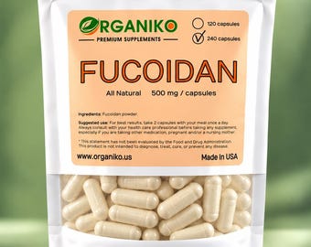 May include: A white resealable pouch containing 240 off-white capsules of Organiko Fucoidan premium supplements. The label features the brand name, 500 mg per capsule dosage, ingredient list, suggested use, and website address in black text.