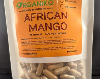 May include: A white bag with a zipper closure contains brown capsules. The bag has a label that reads "ORGANIKO PREMIUM SUPPLEMENTS AFRICAN MANGO All Natural 500 mg/capsule Ingredients: African Mango Seed 10 to 1 Extract Powder. Suggested use: For best results, take 2 capsules with your meal once a day. Always consult with your health care professional before taking any supplement, especially if you are taking other medication, pregnant and/or a nursing mother. This statement has not been evaluated by the Food and Drug Administration. This product is not intended to diagnose, treat, cure, or prevent any disease. www.organiko.us Made In USA"