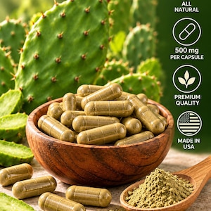 May include: A wooden bowl filled with brown herbal capsules, accompanied by a wooden spoon containing herbal powder. Text on the right indicates all natural, 500 mg per capsule, premium quality, and made in USA.